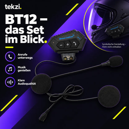 tekzi Motorradhelm-Headset BT12 mit Bluetooth 5.4 und Mikrofon – Produktansicht im TEKZI-Design