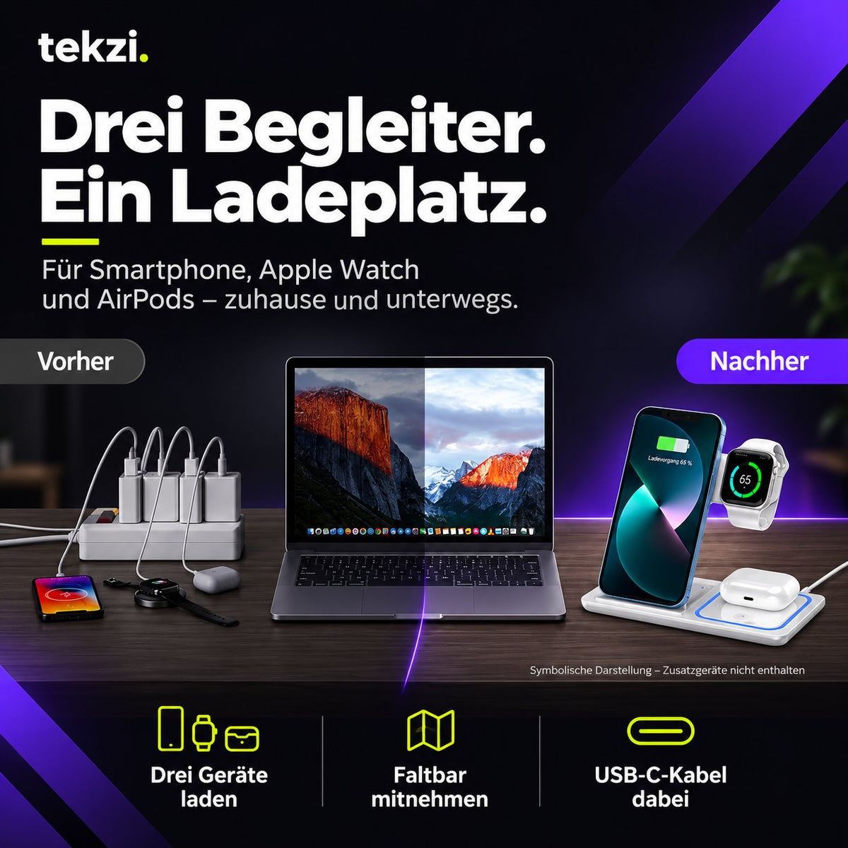 tekzi Ladestation 3-in-1 – faltbar für Smartphone, Watch und AirPods – Produktansicht 7 im TEKZI-Design