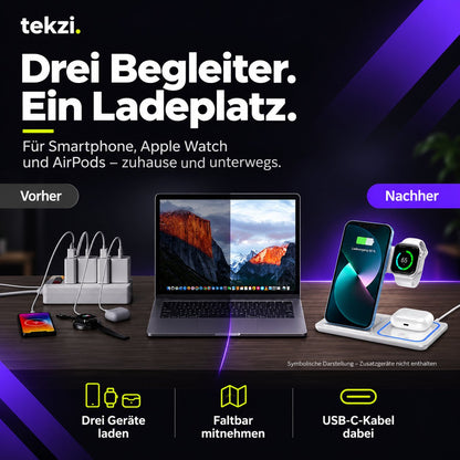 tekzi Ladestation 3-in-1 – faltbar für Smartphone, Watch und AirPods – Produktansicht 7 im TEKZI-Design