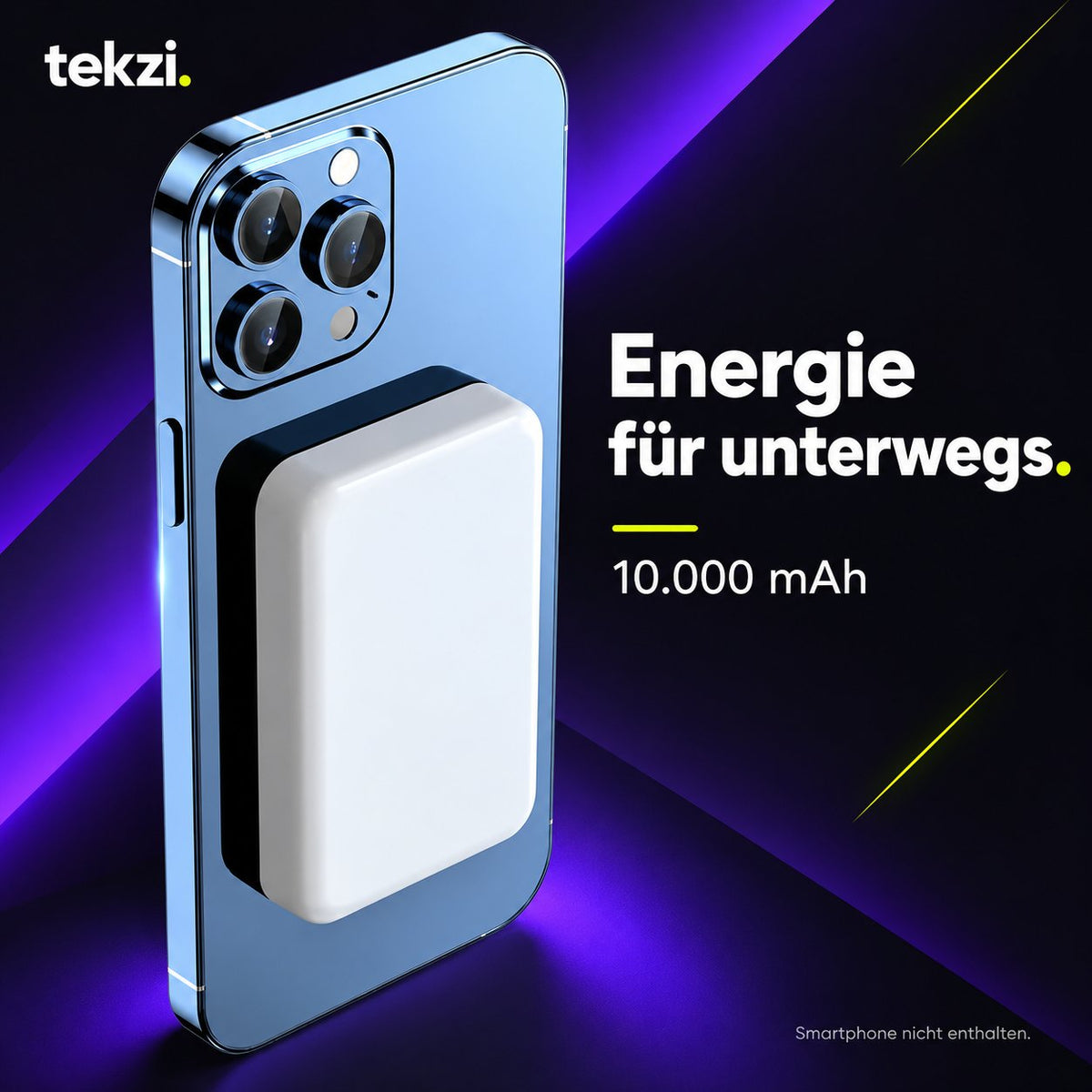 tekzi Powerbank mit 10.000 mAh – magnetisch und kabellos – Produktansicht im TEKZI-Design