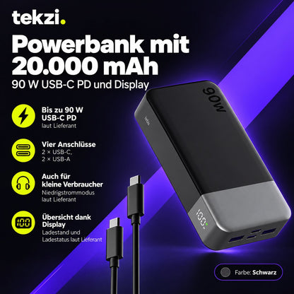 tekzi Powerbank mit 20.000 mAh, 90 W USB-C PD und Display – Produktansicht 2 im TEKZI-Design
