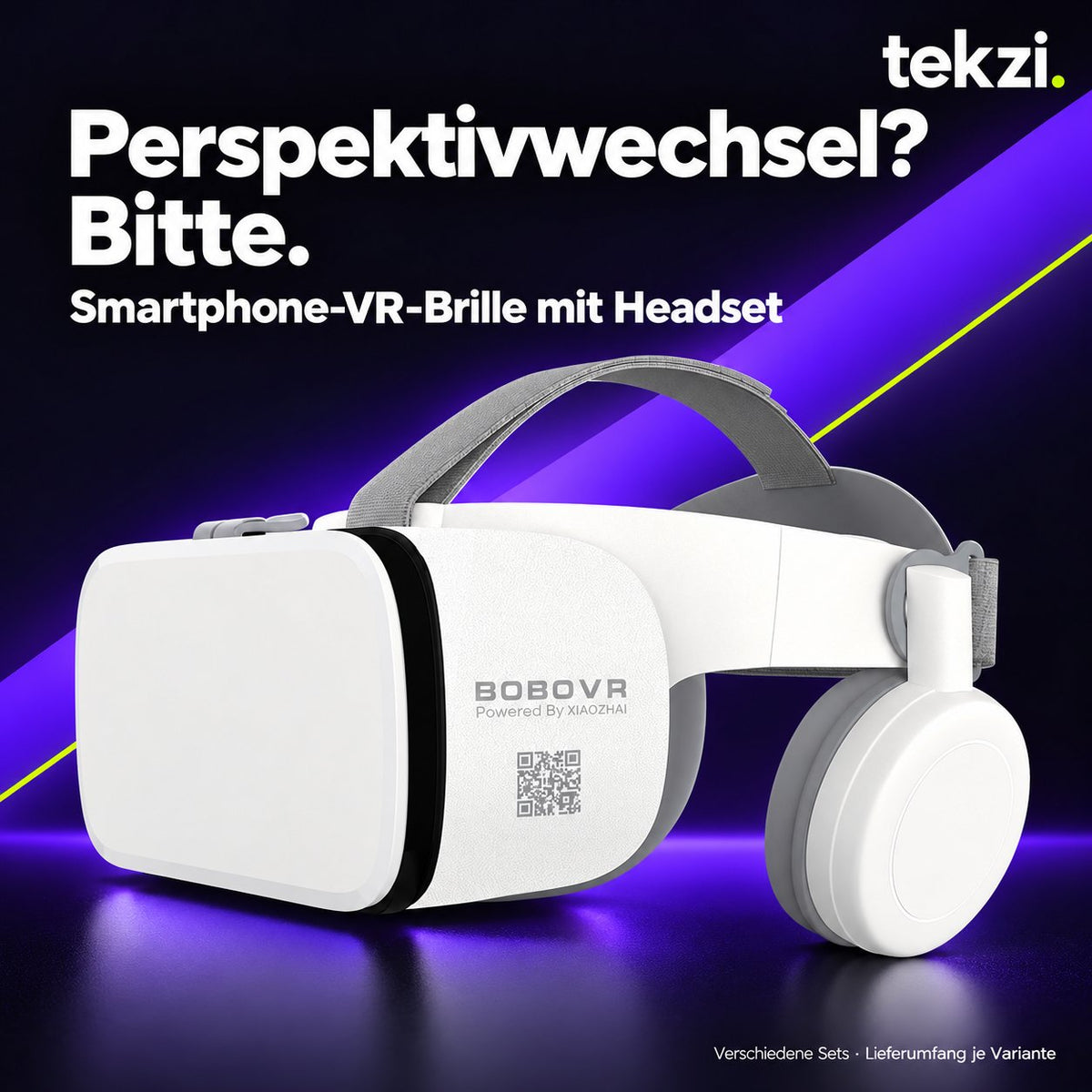 Weiße Smartphone-VR-Brille mit Headset – verschiedene Sets im TEKZI-Design