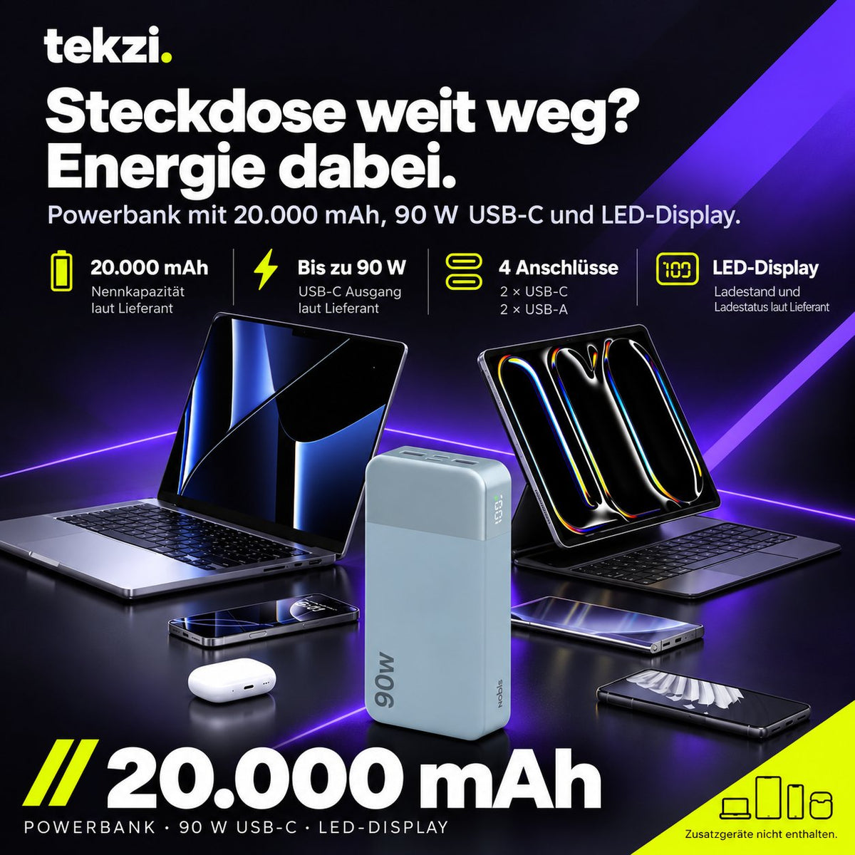 tekzi Powerbank mit 20.000 mAh, 90 W USB-C und LED-Display – Produktansicht 9 im TEKZI-Design