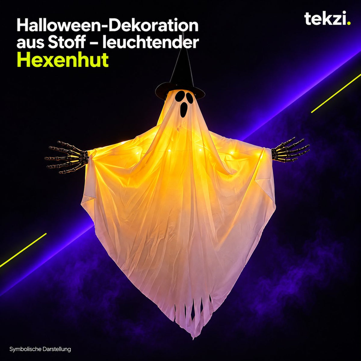 tekzi Halloween-Dekoration aus Stoff – leuchtender Hexenhut – Ansicht 2 im TEKZI-Design