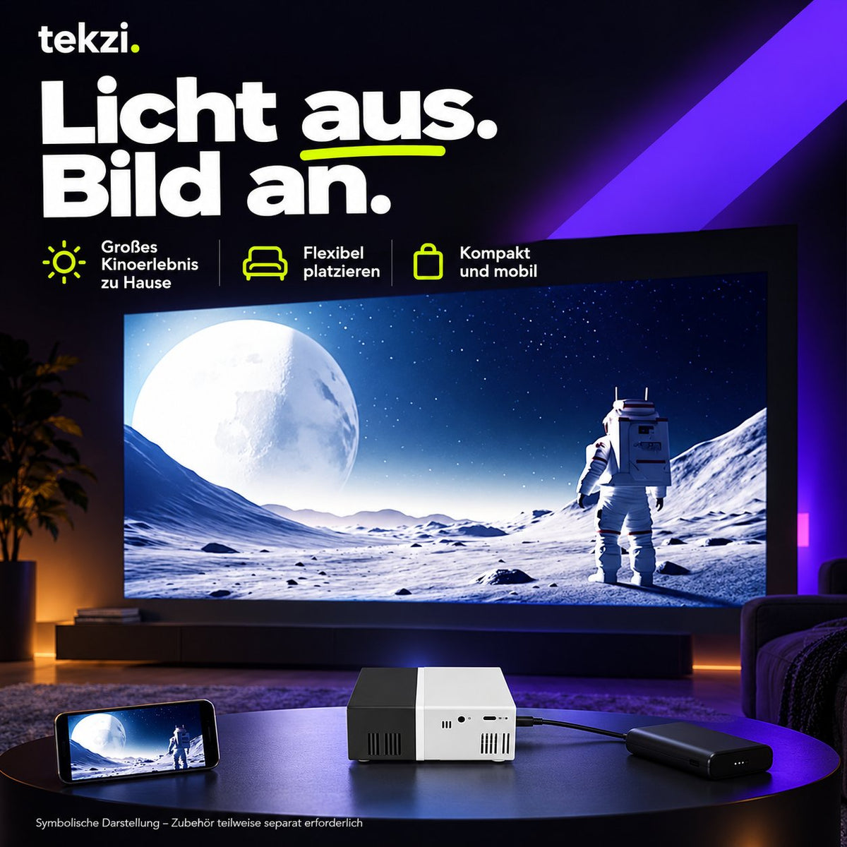 tekzi Mini-Beamer mit LED, Standfuß und Fernbedienung – Produktansicht im TEKZI-Design