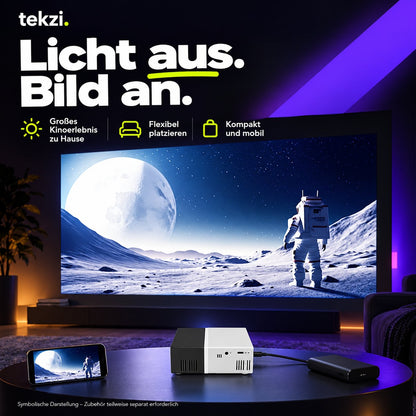 tekzi Mini-Beamer mit LED, Standfuß und Fernbedienung – Produktansicht im TEKZI-Design