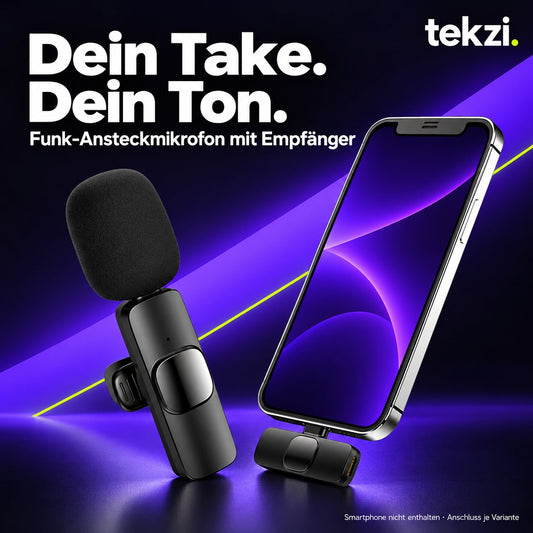 Funk-Ansteckmikrofon mit Empfänger am Smartphone im TEKZI-Design – Smartphone nicht enthalten, Anschluss je Variante