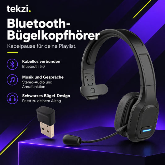 tekzi Kopfhörer mit Bluetooth 5.0 und Anruffunktion – Schwarz – Produktansicht 1 im TEKZI-Design