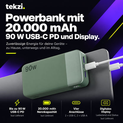 tekzi Powerbank mit 20.000 mAh, 90 W USB-C PD und Display – Produktansicht 6 im TEKZI-Design