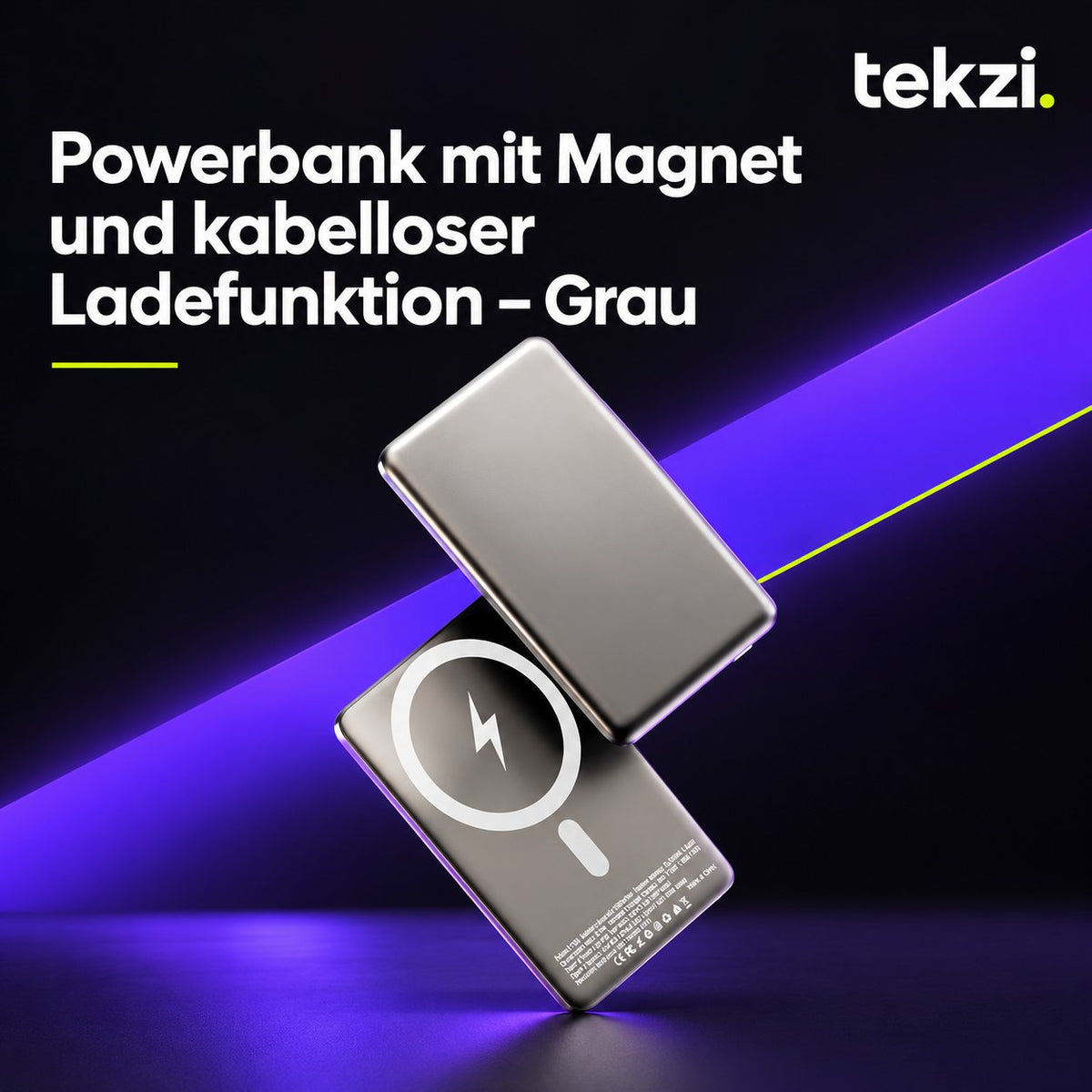 tekzi Powerbank mit Magnet und kabelloser Ladefunktion – Grau – Ansicht 4 im TEKZI-Design