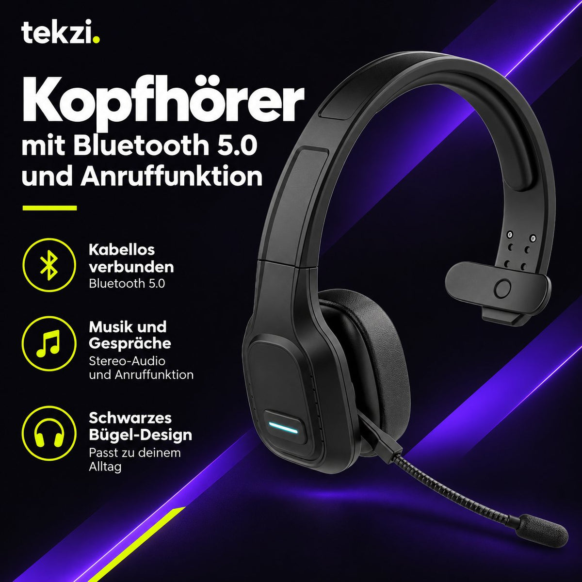 tekzi Kopfhörer mit Bluetooth 5.0 und Anruffunktion – Schwarz – Produktansicht 2 im TEKZI-Design