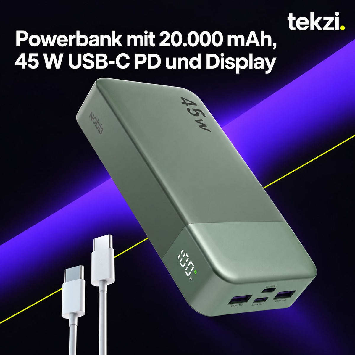 tekzi Powerbank mit 20.000 mAh, 45 W USB-C PD und Display – Ansicht 12 im TEKZI-Design
