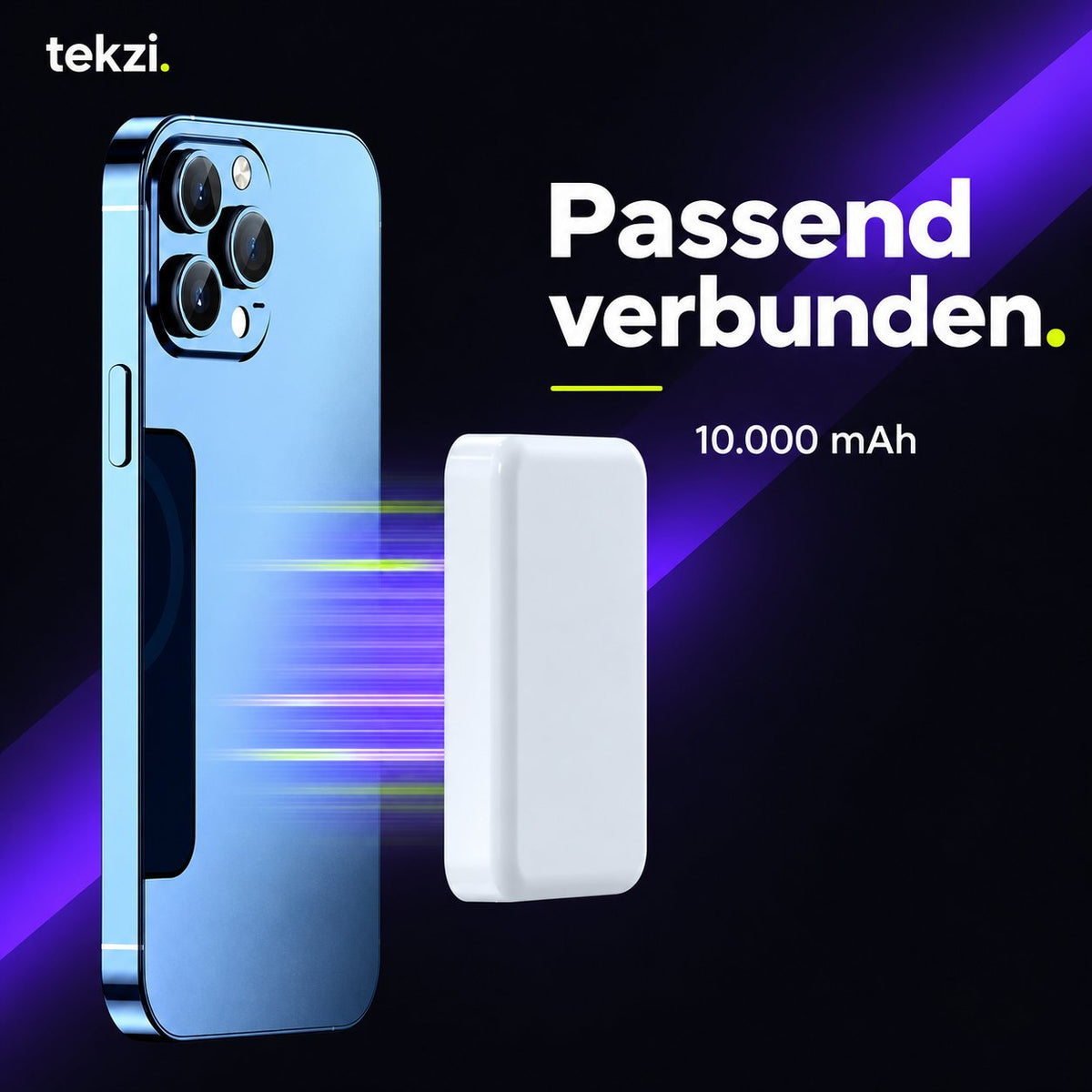 tekzi Powerbank mit 10.000 mAh – magnetisch und kabellos – Produktansicht im TEKZI-Design