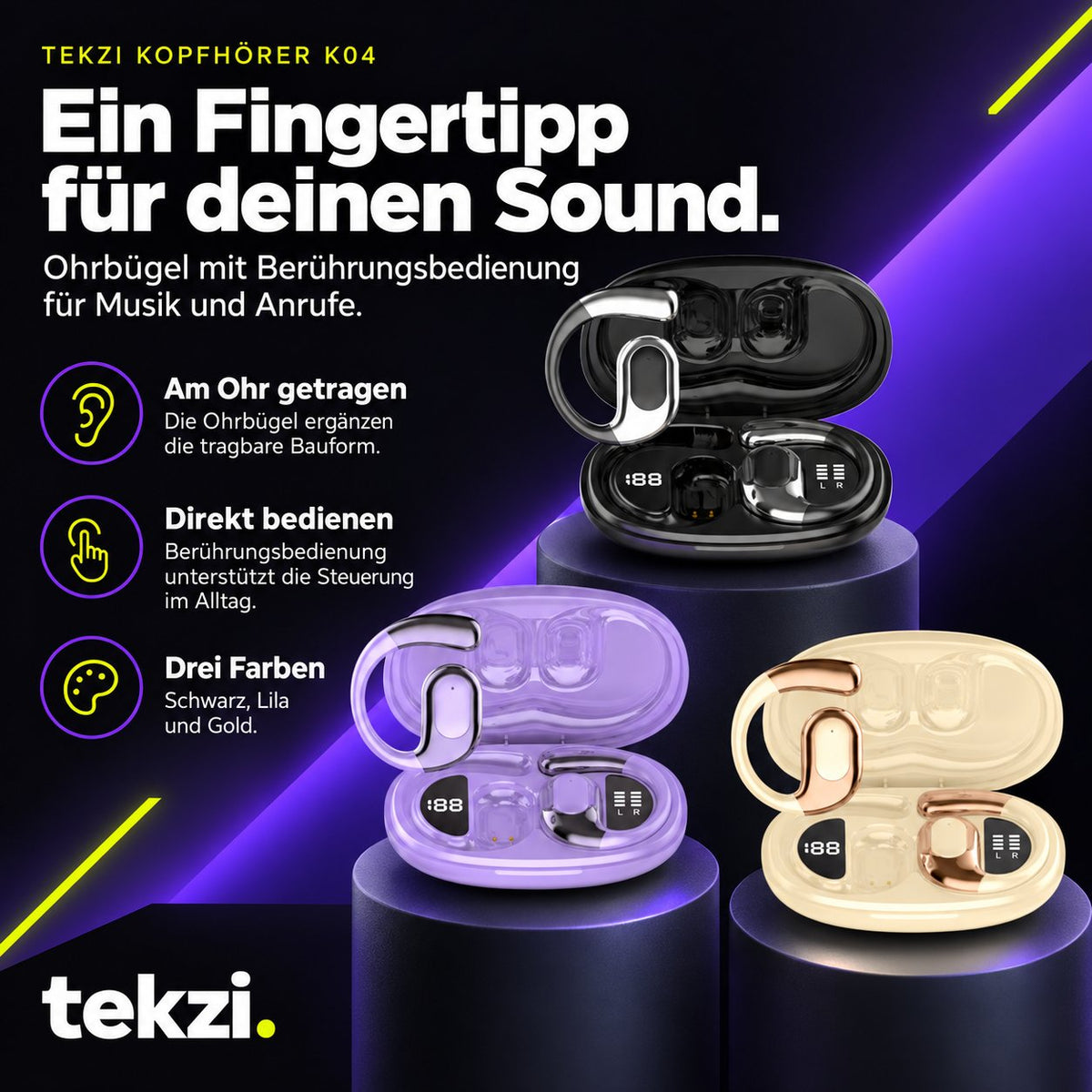 tekzi Kopfhörer K04 mit Ohrbügeln und Touch-Bedienung – Produktansicht 1 im TEKZI-Design