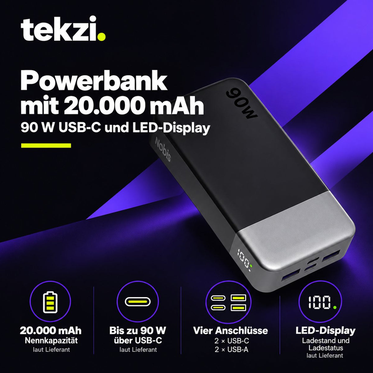 tekzi Powerbank mit 20.000 mAh, 90 W USB-C und LED-Display – Produktansicht 1 im TEKZI-Design
