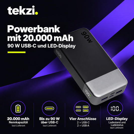 tekzi Powerbank mit 20.000 mAh, 90 W USB-C und LED-Display – Produktansicht 1 im TEKZI-Design