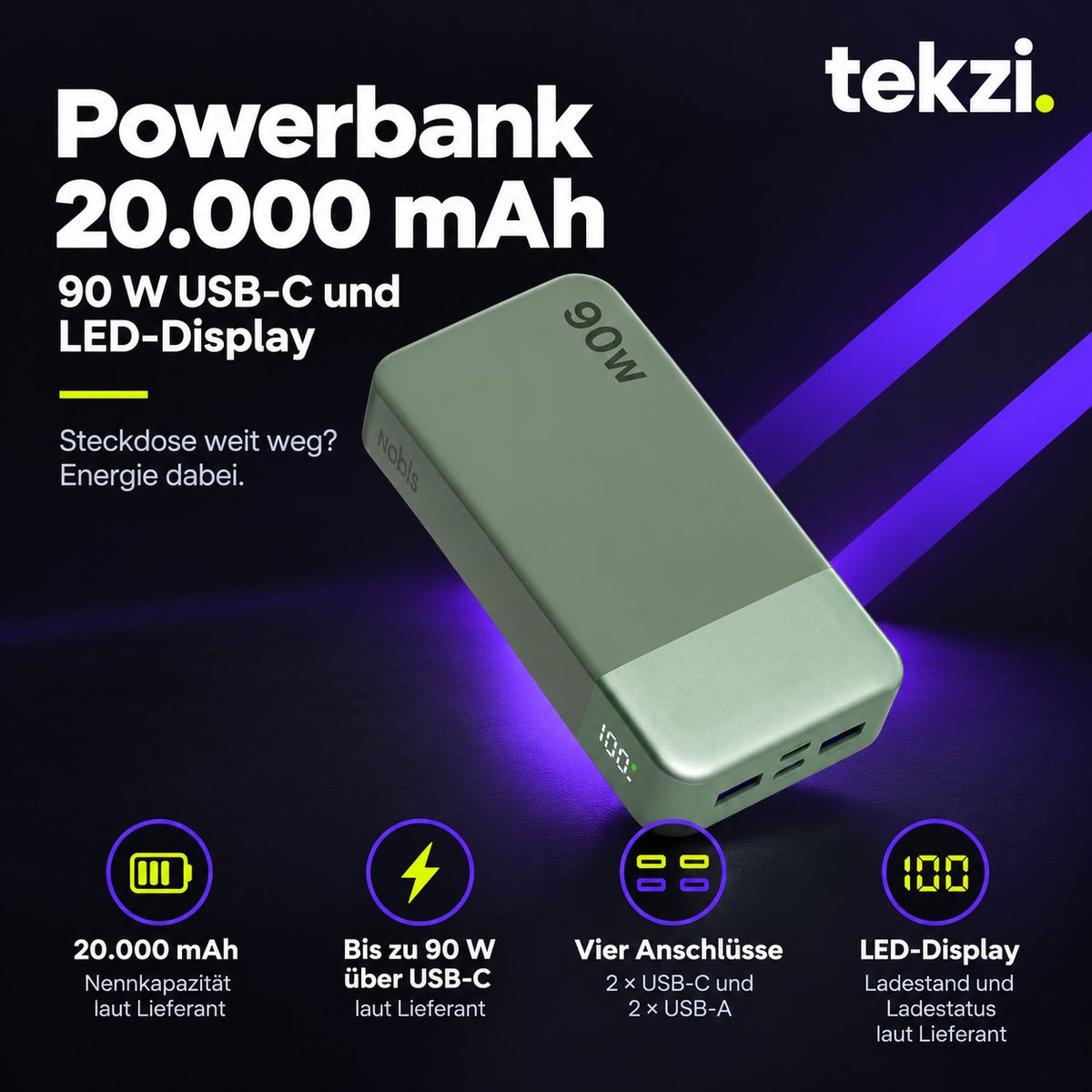 tekzi Powerbank mit 20.000 mAh, 90 W USB-C und LED-Display – Produktansicht 8 im TEKZI-Design