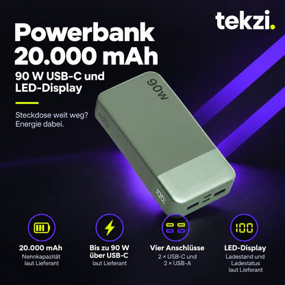 tekzi Powerbank mit 20.000 mAh, 90 W USB-C und LED-Display – Produktansicht 8 im TEKZI-Design