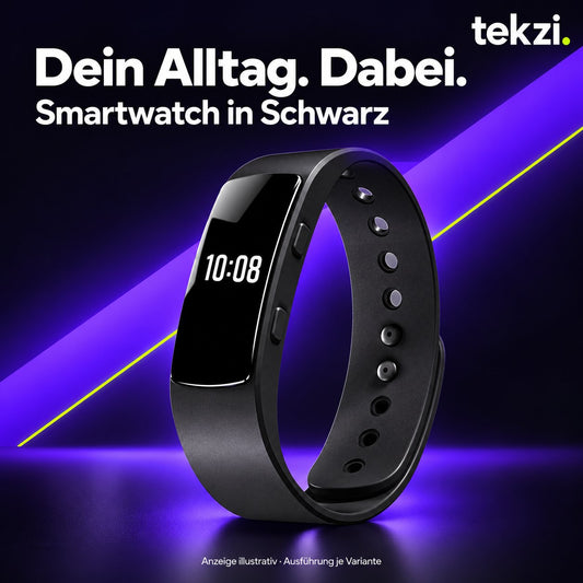 Schwarze schmale Smartwatch mit Silikonarmband im TEKZI-Design – Anzeige illustrativ
