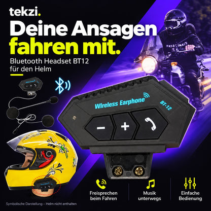 tekzi Motorradhelm-Headset BT12 mit Bluetooth 5.4 und Mikrofon – Produktansicht im TEKZI-Design