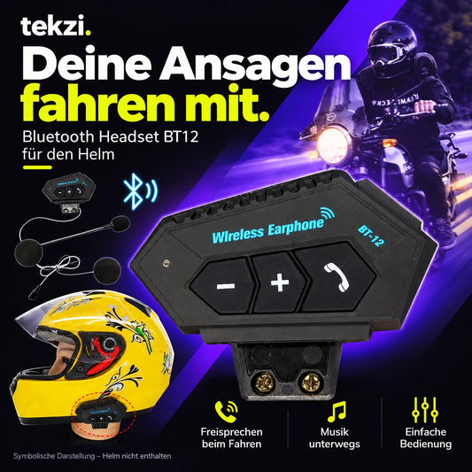 tekzi Motorradhelm-Headset BT12 mit Bluetooth 5.4 und Mikrofon – Produktansicht im TEKZI-Design