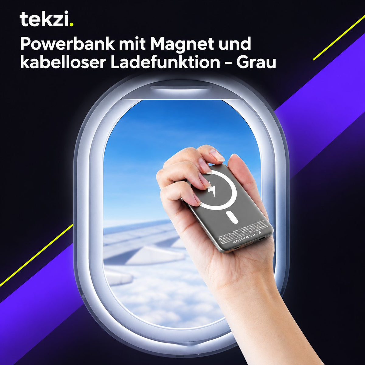 tekzi Powerbank mit Magnet und kabelloser Ladefunktion – Grau – Ansicht 5 im TEKZI-Design