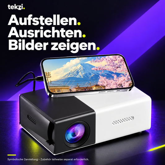 tekzi Mini-Beamer mit LED, Standfuß und Fernbedienung – Produktansicht im TEKZI-Design