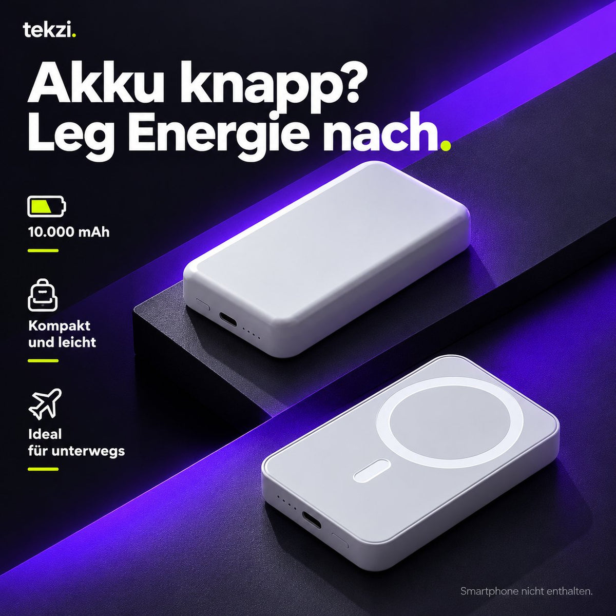 tekzi Powerbank mit 10.000 mAh – magnetisch und kabellos – Produktansicht im TEKZI-Design