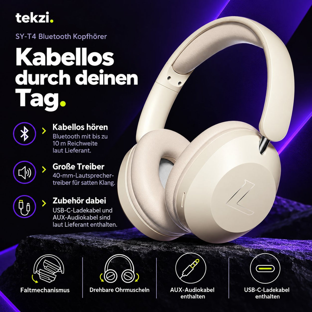 tekzi Kopfhörer SY-T4 mit Bluetooth und 40-mm-Treibern – Produktansicht 3 im TEKZI-Design
