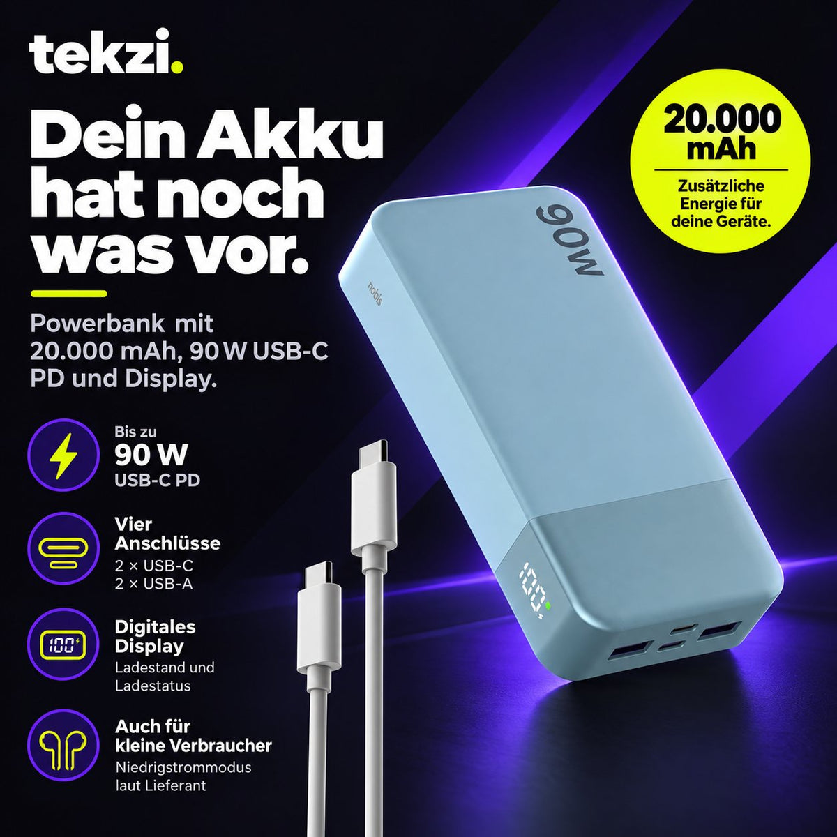 tekzi Powerbank mit 20.000 mAh, 90 W USB-C PD und Display – Produktansicht 9 im TEKZI-Design