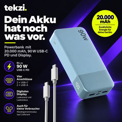 tekzi Powerbank mit 20.000 mAh, 90 W USB-C PD und Display – Produktansicht 9 im TEKZI-Design