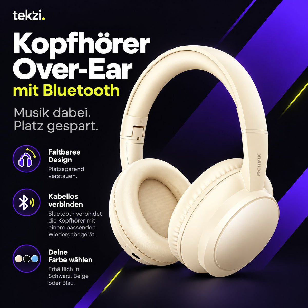 tekzi Kopfhörer Over-Ear mit Bluetooth – faltbar, drei Farben – Produktansicht 4 im TEKZI-Design