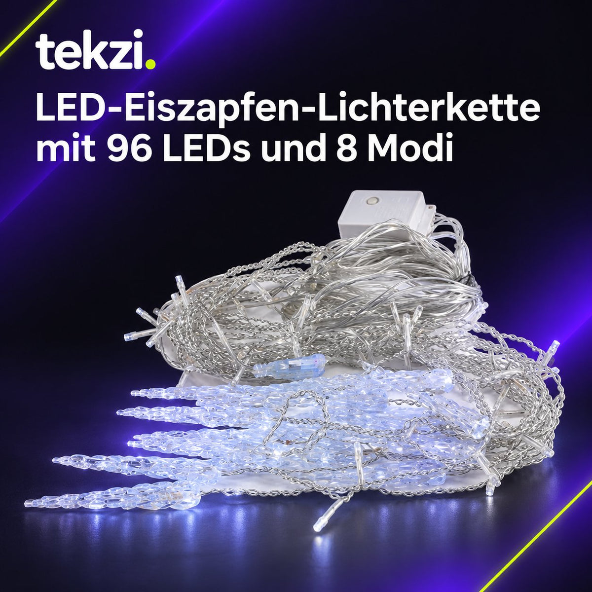 tekzi LED-Eiszapfen-Lichterkette mit 96 LEDs und 8 Modi – Ansicht 4 im TEKZI-Design