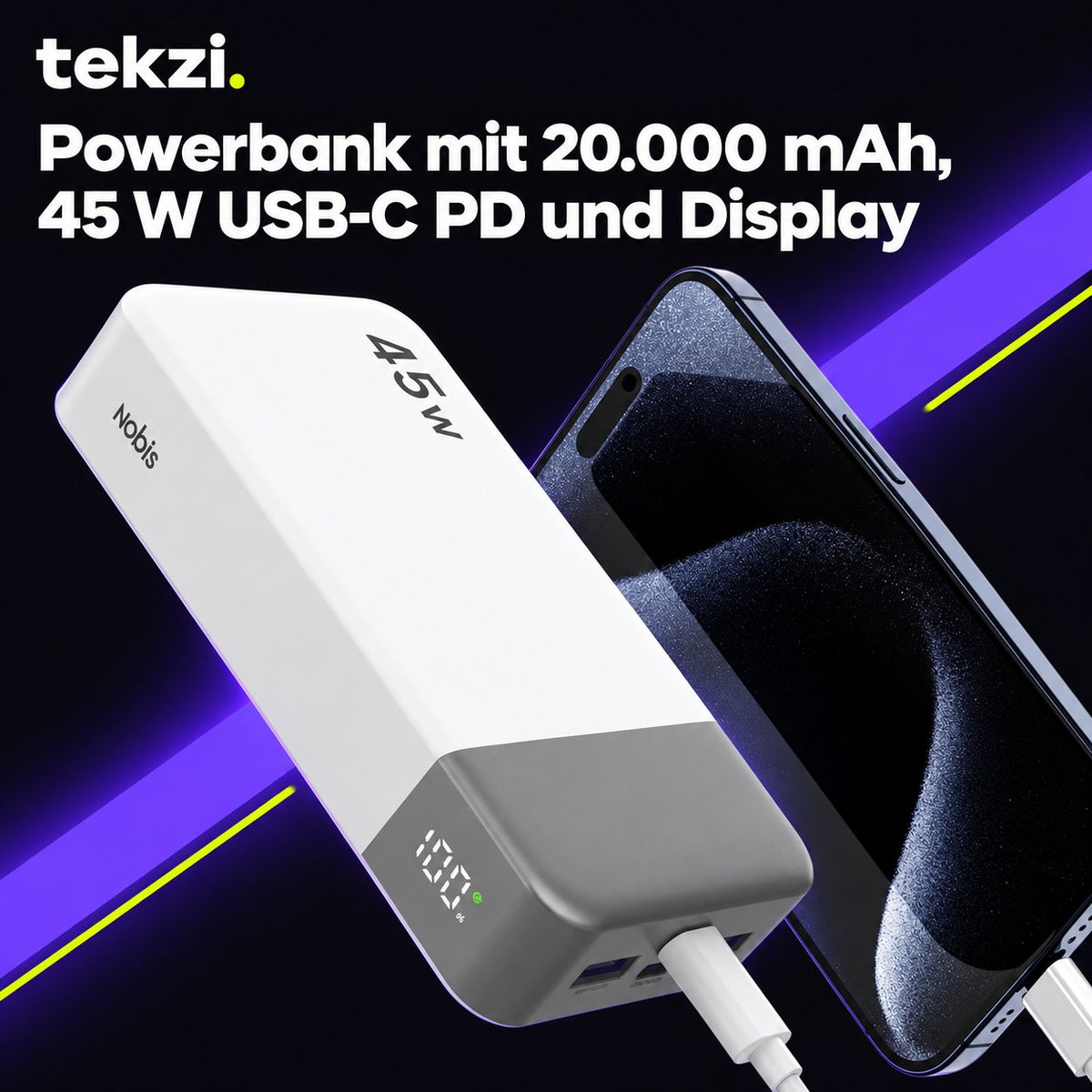 tekzi Powerbank mit 20.000 mAh, 45 W USB-C PD und Display – Ansicht 6 im TEKZI-Design