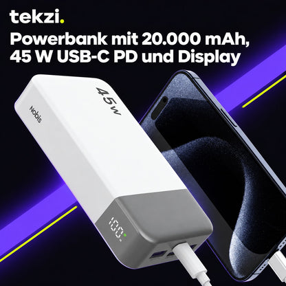 tekzi Powerbank mit 20.000 mAh, 45 W USB-C PD und Display – Ansicht 6 im TEKZI-Design