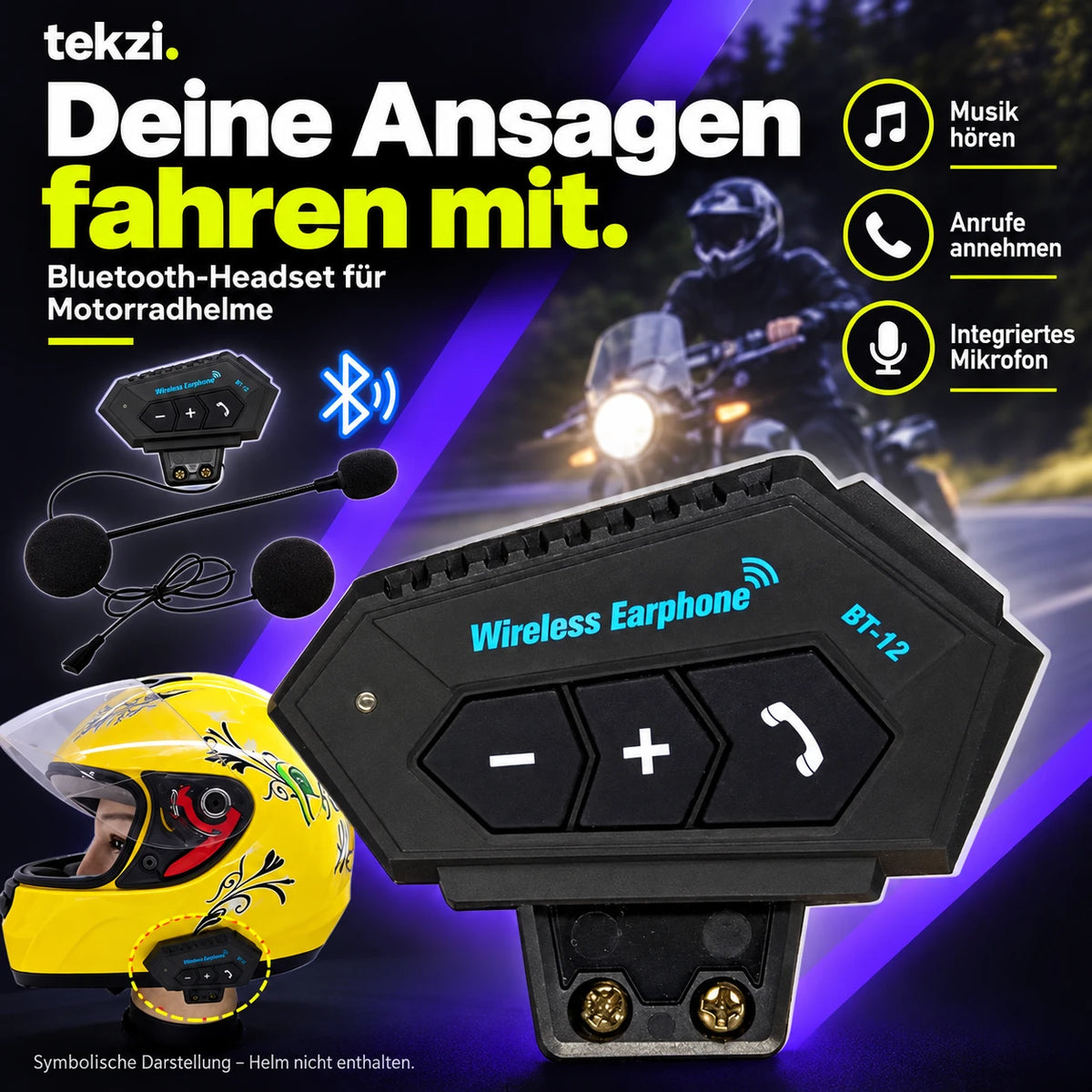 tekzi Motorradhelm-Headset BT12 mit Bluetooth 5.4 und Mikrofon – Produktansicht im TEKZI-Design