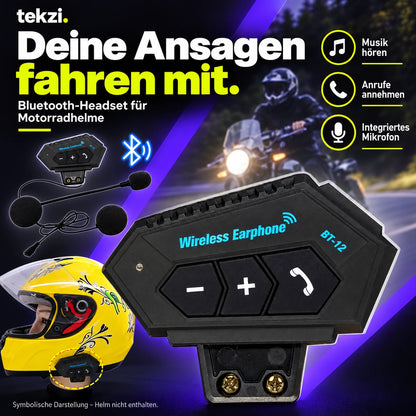 tekzi Motorradhelm-Headset BT12 mit Bluetooth 5.4 und Mikrofon – Produktansicht im TEKZI-Design