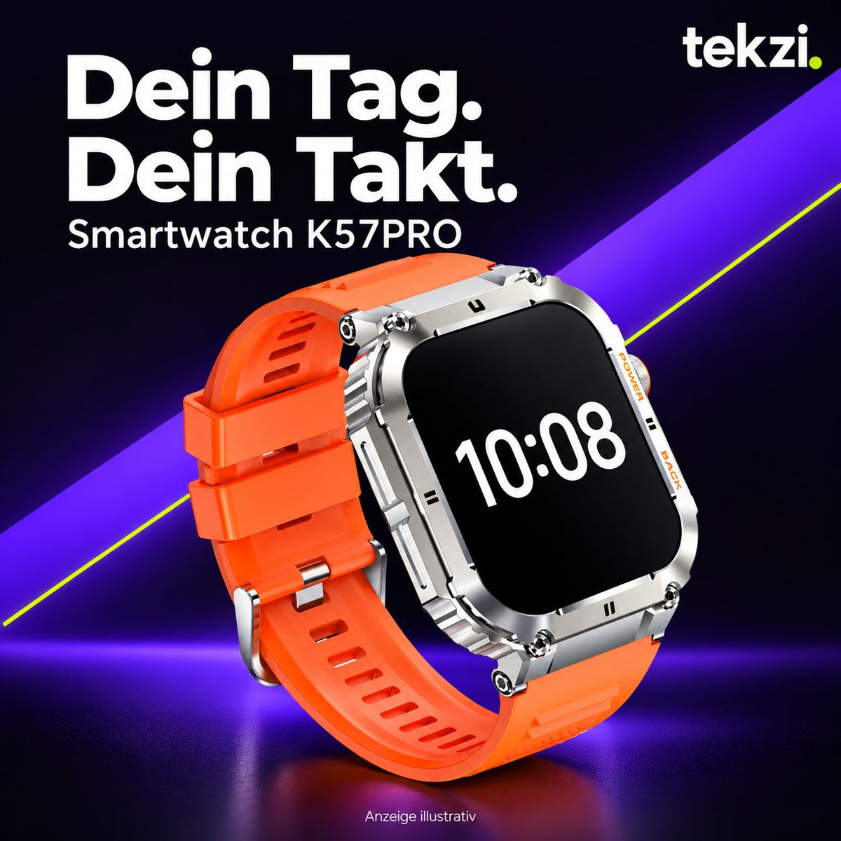 Smartwatch K57PRO mit orangefarbenem Armband im TEKZI-Design – Anzeige illustrativ