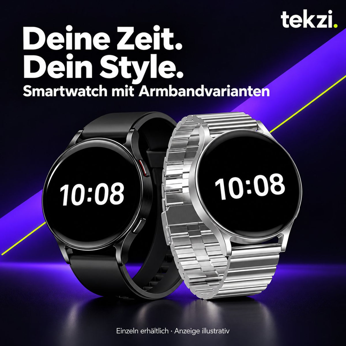 Runde Smartwatch mit schwarzem und silberfarbenem Armband im TEKZI-Design – einzeln erhältlich, Anzeige illustrativ