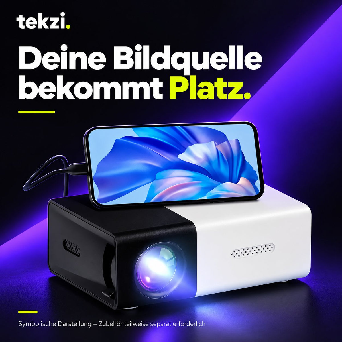 tekzi Mini-Beamer mit LED, Standfuß und Fernbedienung – Produktansicht im TEKZI-Design