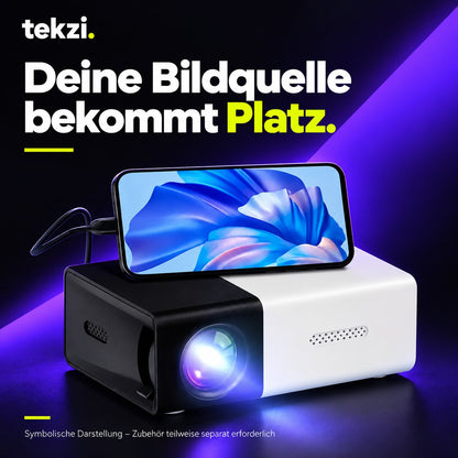 tekzi Mini-Beamer mit LED, Standfuß und Fernbedienung – Produktansicht im TEKZI-Design