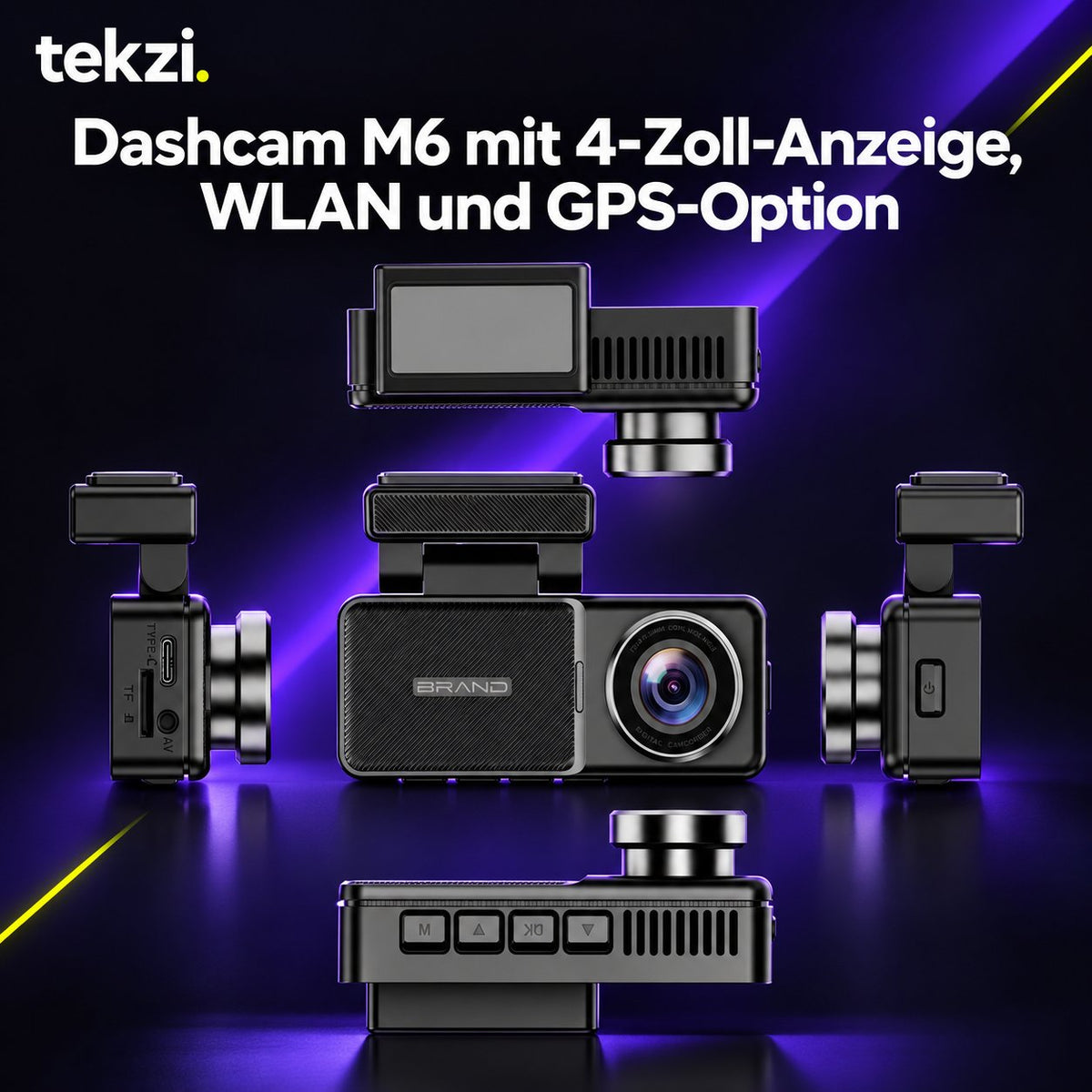 tekzi Dashcam M6 mit 4-Zoll-Anzeige, WLAN und GPS-Option – Ansicht 2 im TEKZI-Design
