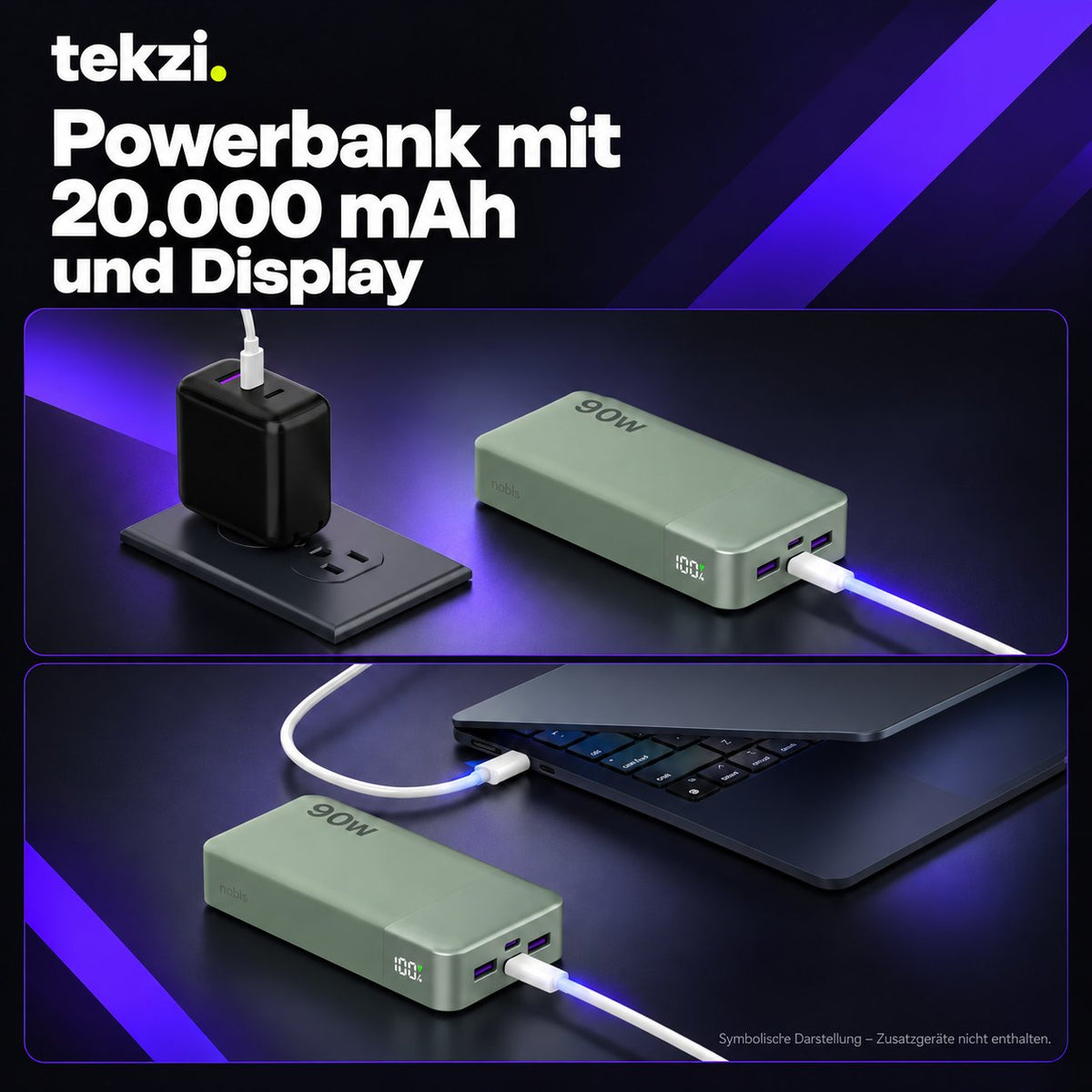tekzi Powerbank mit 20.000 mAh, 90 W USB-C PD und Display – Ansicht 5 im TEKZI-Design