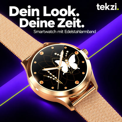 Goldfarbene Smartwatch mit Edelstahl-Milanaisearmband und Schmetterlingszifferblatt im TEKZI-Design