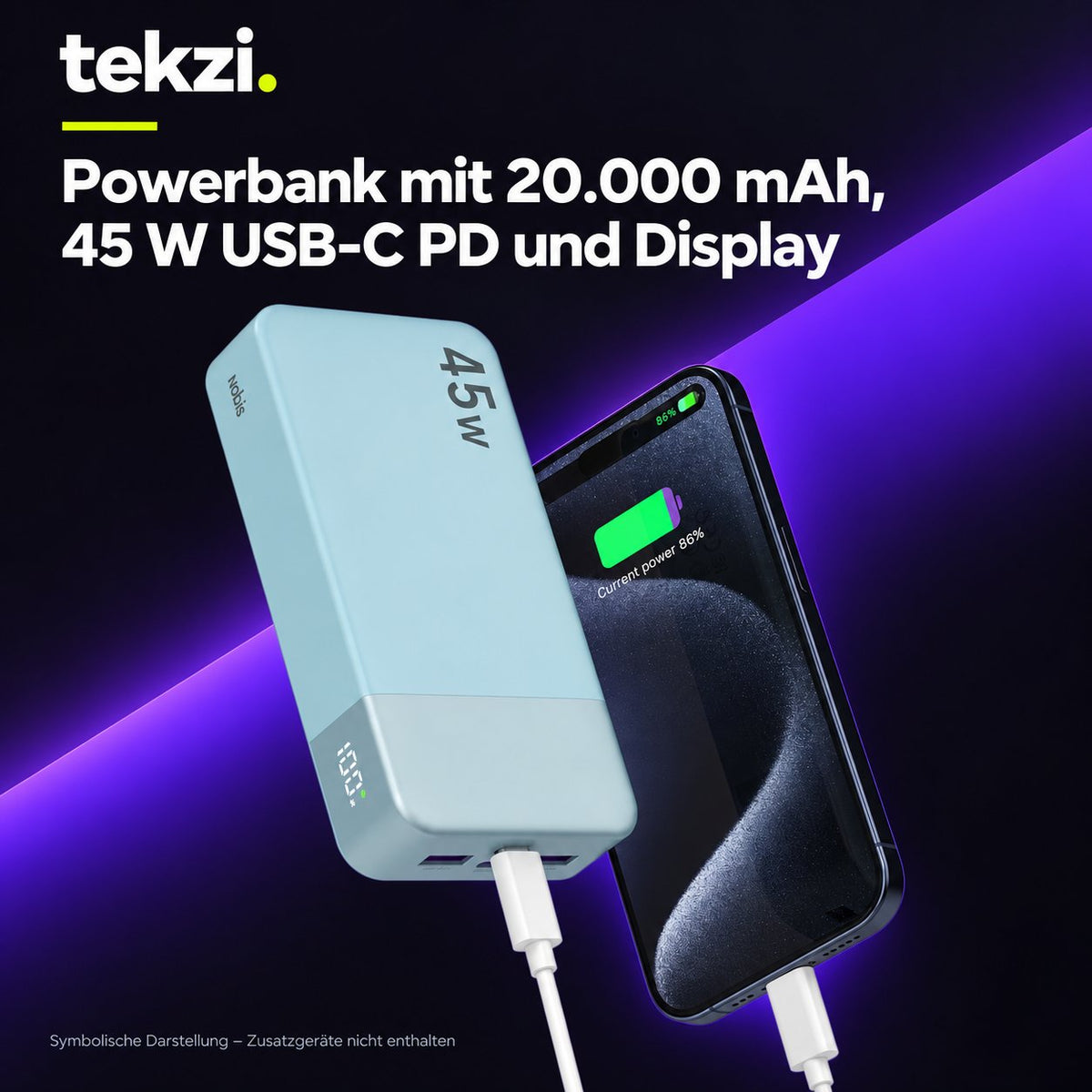 tekzi Powerbank mit 20.000 mAh, 45 W USB-C PD und Display – Ansicht 10 im TEKZI-Design