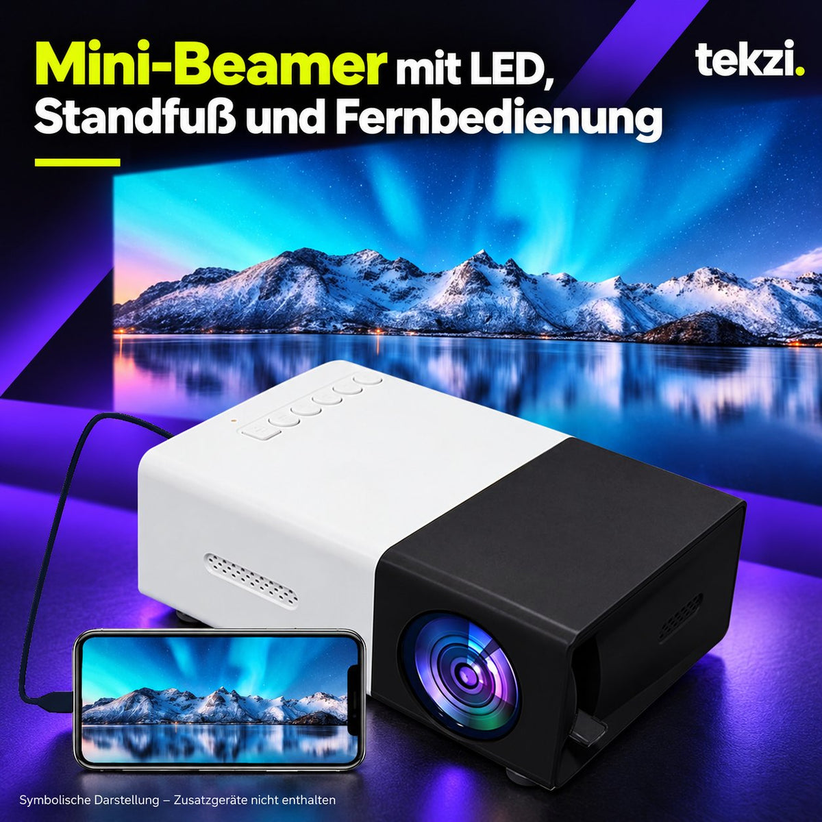 tekzi Mini-Beamer mit LED, Standfuß und Fernbedienung – Ansicht 6 im TEKZI-Design