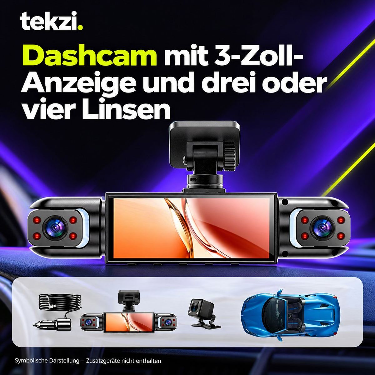 tekzi Dashcam mit 3-Zoll-Anzeige und drei oder vier Linsen – Ansicht 3 im TEKZI-Design