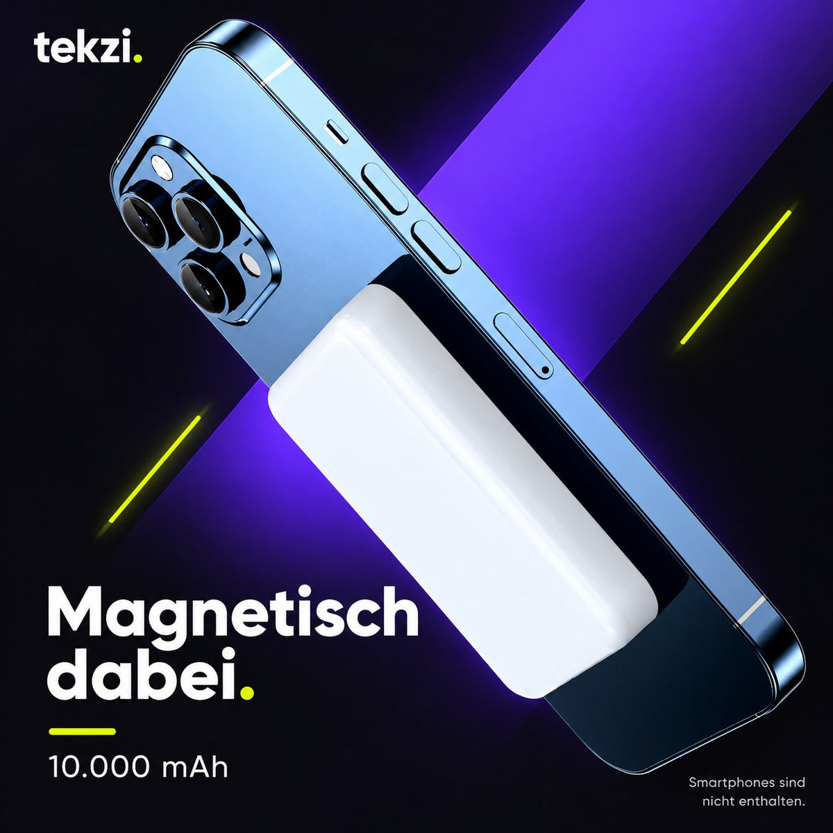 tekzi Powerbank mit 10.000 mAh – magnetisch und kabellos – Produktansicht im TEKZI-Design