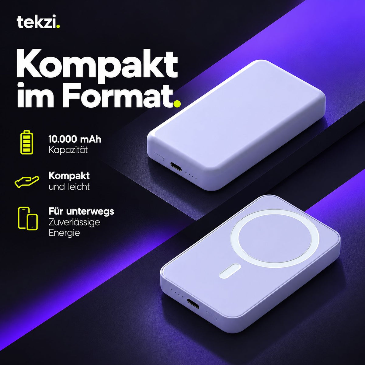 tekzi Powerbank mit 10.000 mAh – magnetisch und kabellos – Produktansicht im TEKZI-Design