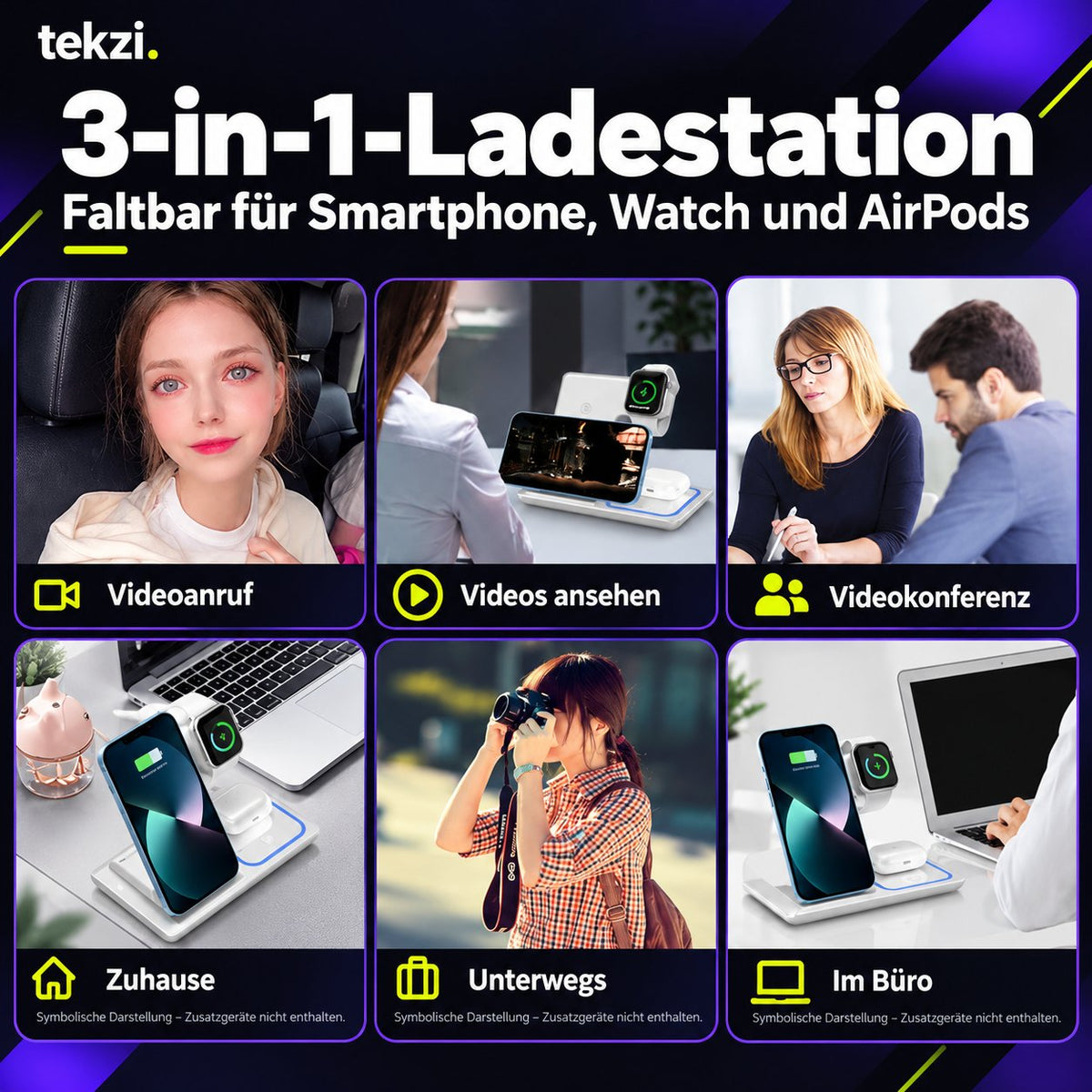 tekzi Ladestation 3-in-1 – faltbar für Smartphone, Watch und AirPods – Produktansicht 8 im TEKZI-Design